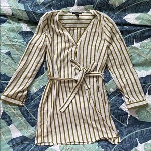 White and olive striped, belted dress